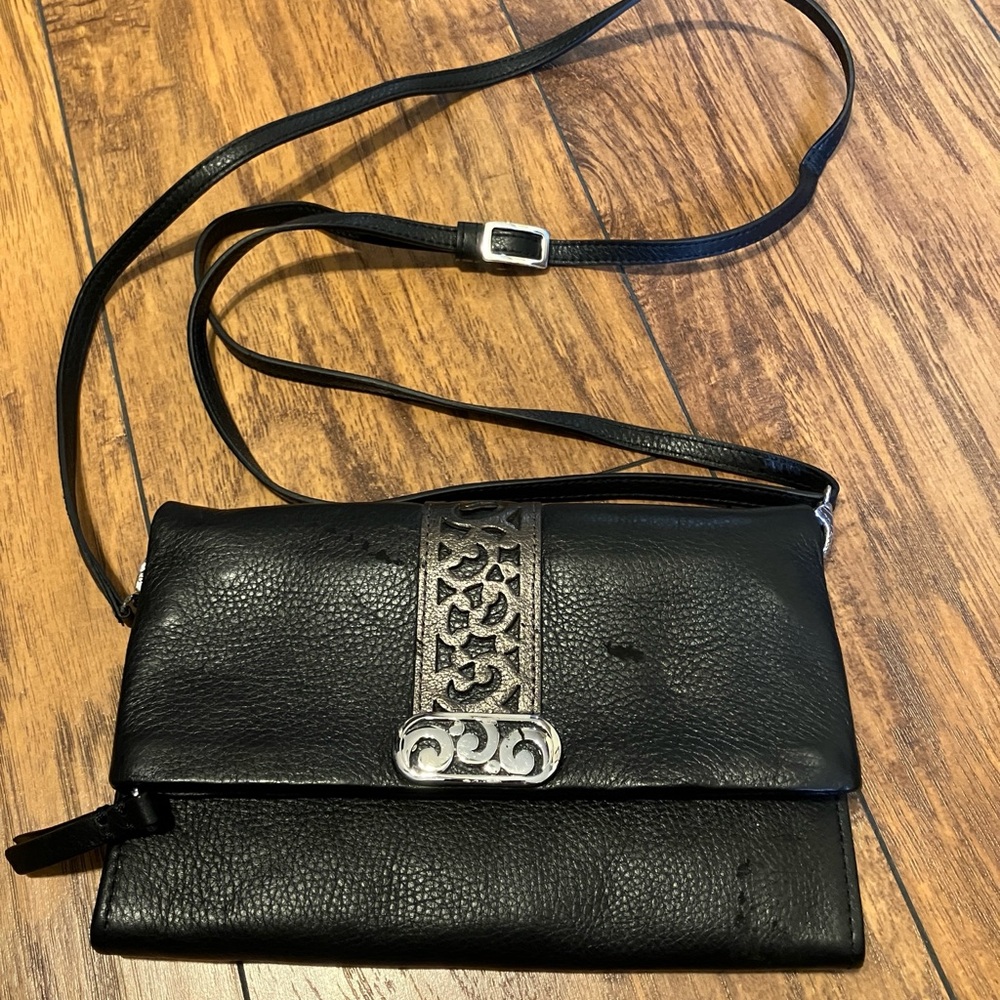 Vintage Brighton Black Leather Crossbody Bag with Silver Accents